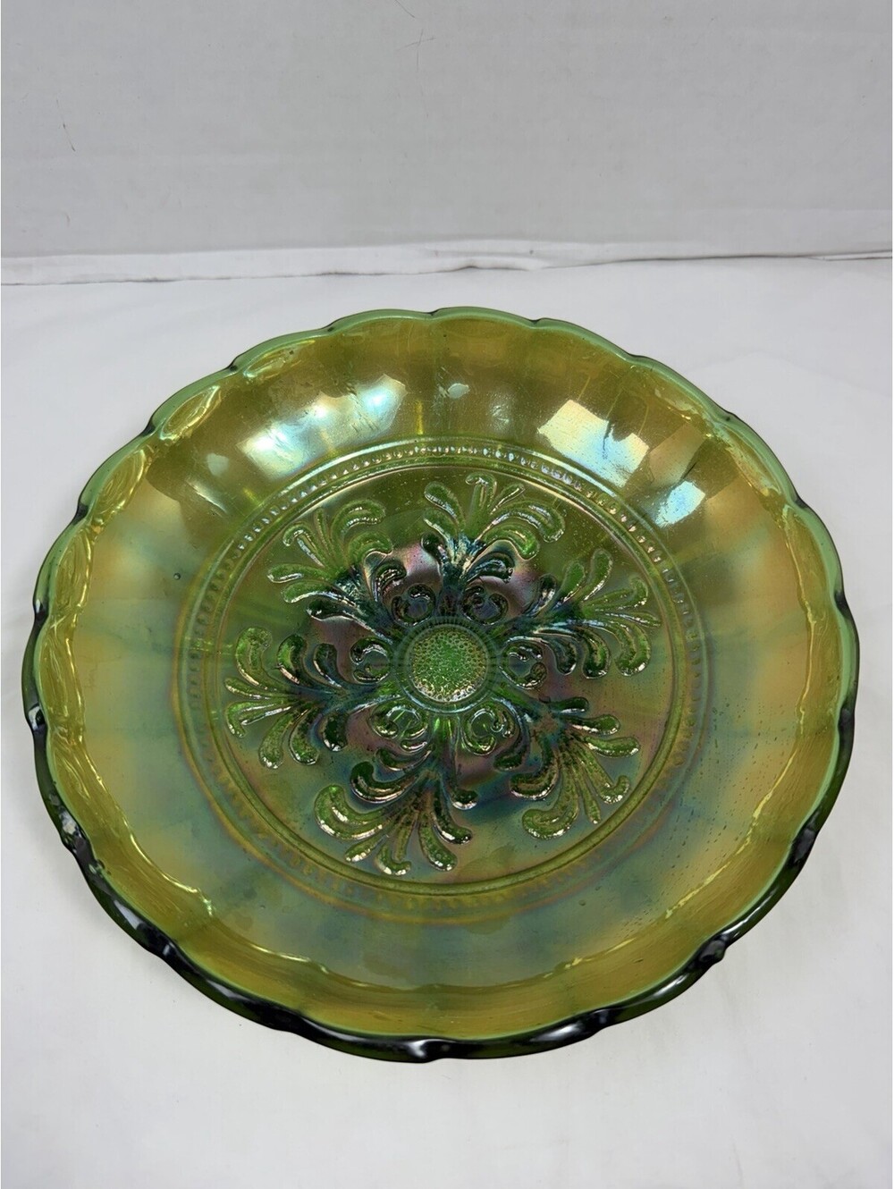 Vintage Green Carnival Glass Ruffled Serving Bowl Footed Iridescent